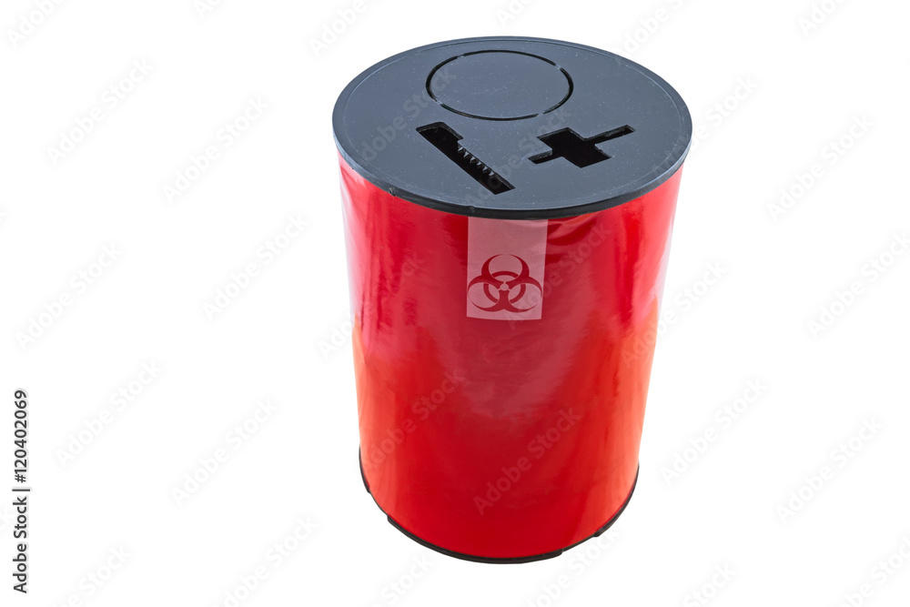 Close up red disposal boxes for Infectious waste isolated on white background Close up red disposal boxes for Infectious waste isolated on white background