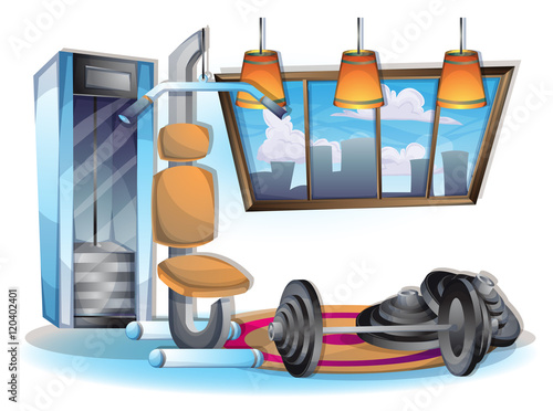 cartoon vector illustration interior fitness room with separated layers in 2d graphic