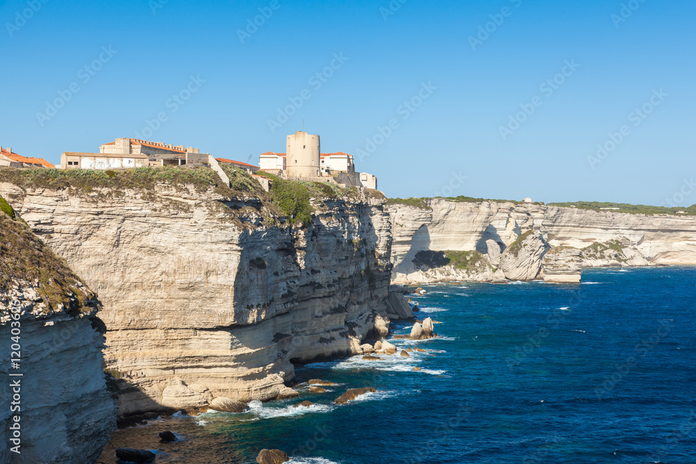 View of Bonifacio old town built on top of cliff rocks, Corsica