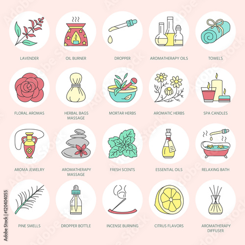 Modern vector line icons of aromatherapy and essential oils. Elements - aromatherapy diffuser, oil burner, spa candles, incense sticks. Linear pictogram for aromatherapy salon.