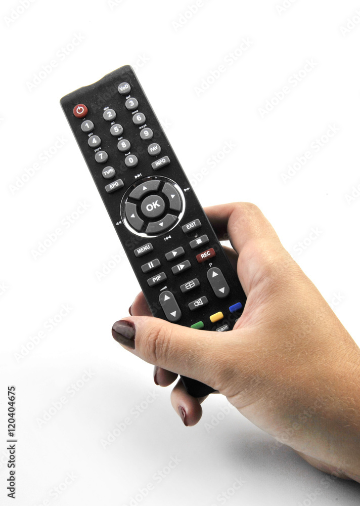 Hand with remote control pointing forward isolated at white
Hand with remote control pointing forward isolated at white