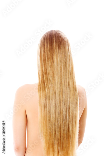 Girl with perfect long shiny blond hair.