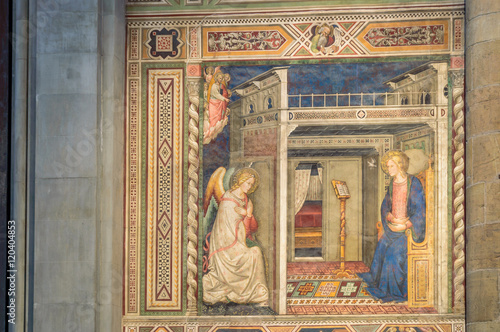A detail of a medieval fresco painting of the Annunciation 