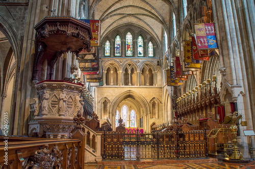  The interior of the St Patrick's Cathedral, the Church of Ireland. The pulpit, choir and sanctuary.