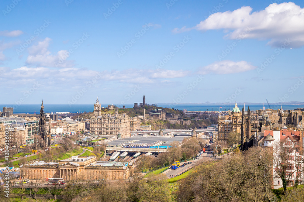 Edinburgh, Scotland, cityscape, with Waverly station, Princess Gardens