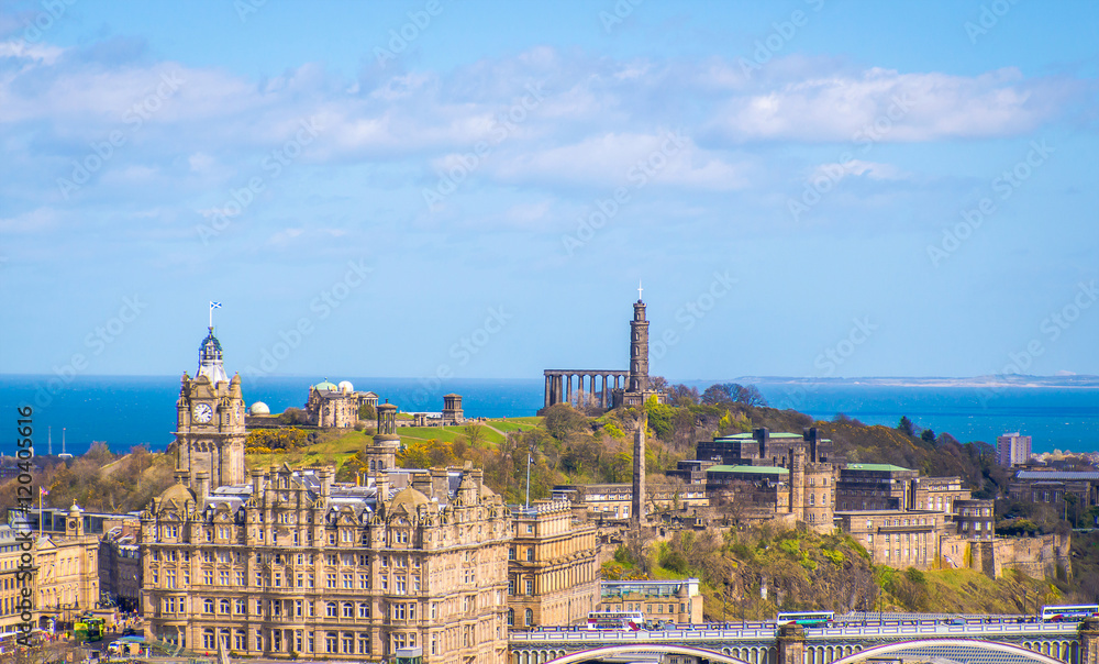 Edinburgh, Scotland cityscape, with Calton Hill and the sea in the background