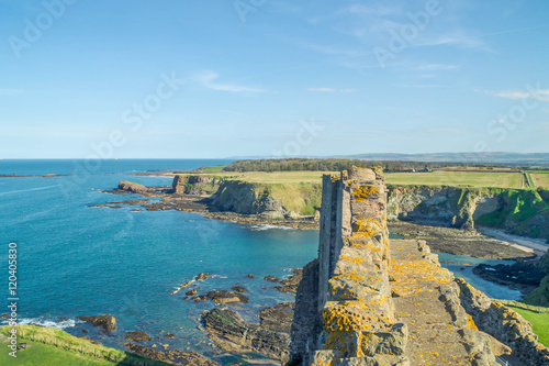The ruins of Tantallon Castle in Scotland with the view over Firth of Forth