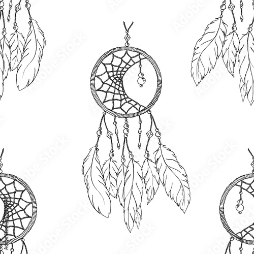 Monochrome ethnic hand made feather dream catcher seamless pattern vector