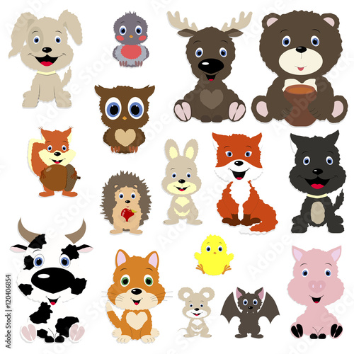 Fototapeta Naklejka Na Ścianę i Meble -  collection of cute animals in cartoon style. Set isolated objects on white background. Templates for decoration and design of the album and scrapbook. Vector illustration