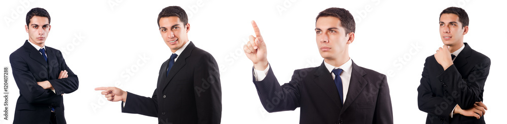 Businessman pressing virtual buttons on white Businessman pressing virtual buttons on white