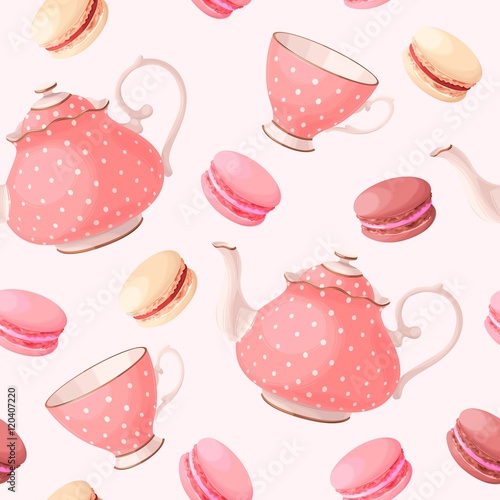 Seamless pattern with tea pots and cups