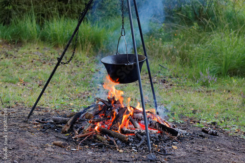 cauldron on a fire in the forest