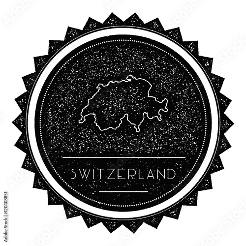 Switzerland Map Label with Retro Vintage Styled Design. Hipster Grungy Switzerland Map Insignia Vector Illustration. Country round sticker.