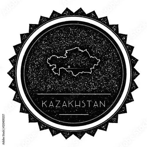 Kazakhstan Map Label with Retro Vintage Styled Design. Hipster Grungy Kazakhstan Map Insignia Vector Illustration. Country round sticker.