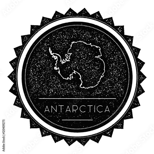 Antarctica Map Label with Retro Vintage Styled Design. Hipster Grungy Antarctica Map Insignia Vector Illustration. Country round sticker.