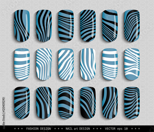 Nail art design. A set overhead nail, labels, stickers, elements for design. Ideas for manicure, pedicure, beauty salons, modeling agencies. Fashion trends. Collection in color. Vector illustration 