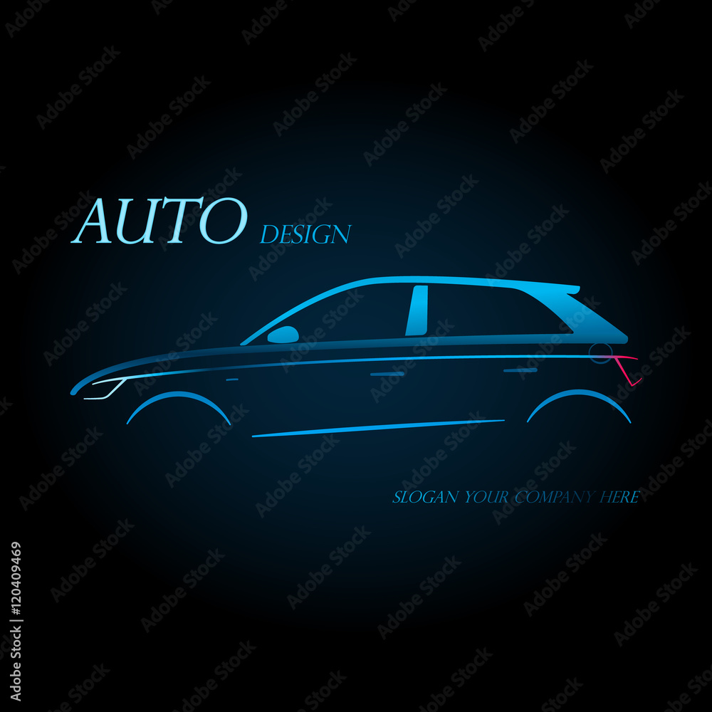 Auto company logo design concept with sports blue hatchback car silhouette on black background. Vector illustration. Auto company logo design concept with sports blue hatchback car silhouette on black background. Vector illustration.