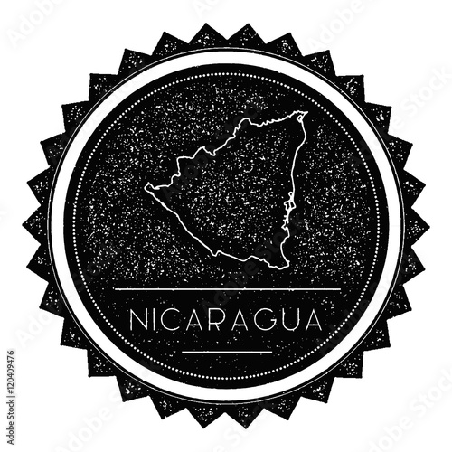 Nicaragua Map Label with Retro Vintage Styled Design. Hipster Grungy Nicaragua Map Insignia Vector Illustration. Country round sticker.