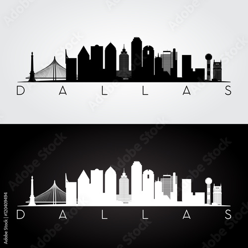 Dallas USA skyline and landmarks silhouette, black and white design, vector illustration.