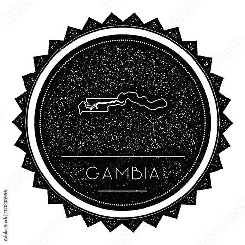 Gambia Map Label with Retro Vintage Styled Design. Hipster Grungy Gambia Map Insignia Vector Illustration. Country round sticker.