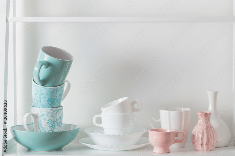 Clean dishes on wooden shelf Clean dishes on wooden shelf