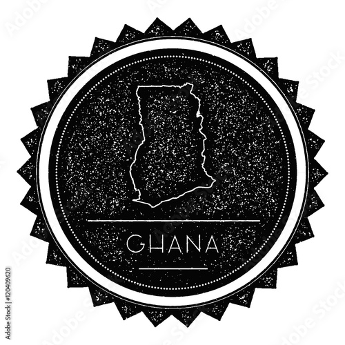 Ghana Map Label with Retro Vintage Styled Design. Hipster Grungy Ghana Map Insignia Vector Illustration. Country round sticker.