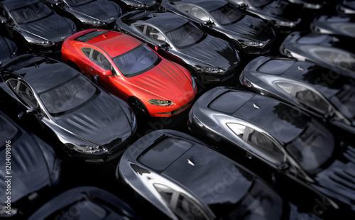 red car surrounded by black cars