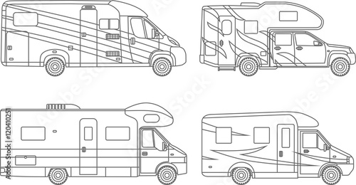 Coloring pages. Set of different silhouettes car, travel trailers flat linear icons isolated on white background. Modern caravan. Vector illustration.