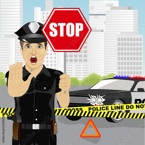 policeman holding stop sign and showing stop gesture warning about the accident near police car