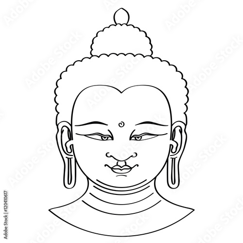 Buddha head illustration in brush technique. Black brushstrokes on white background. Urna, the spiral between the eyebrows symbolizes the third eye and vision into the divine world.