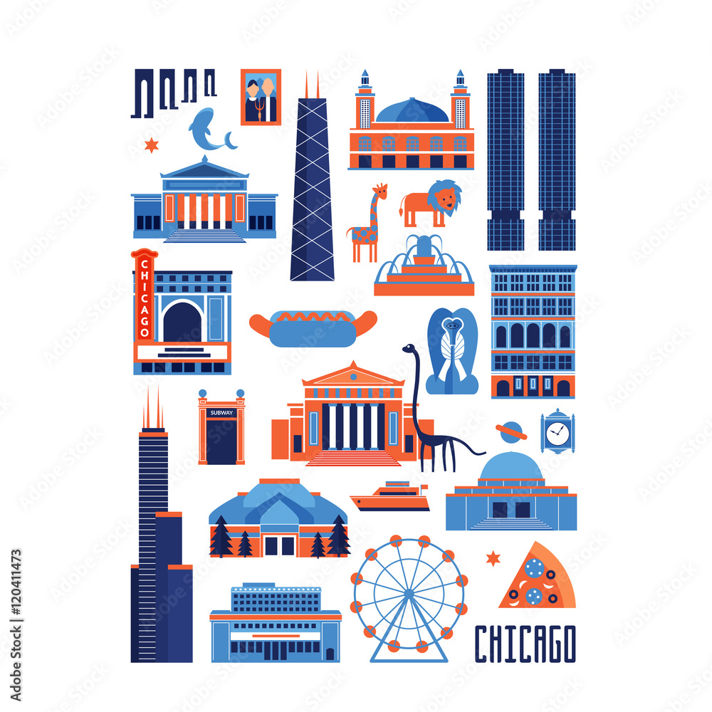 Fototapeta premium Blue and red vector set of Chicago' famous landmarks. Flat style designed historic buildings, sightseeing and known museums on white background.