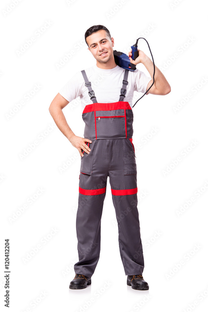Young repairman with drill perforator isolated on white Young repairman with drill perforator isolated on white