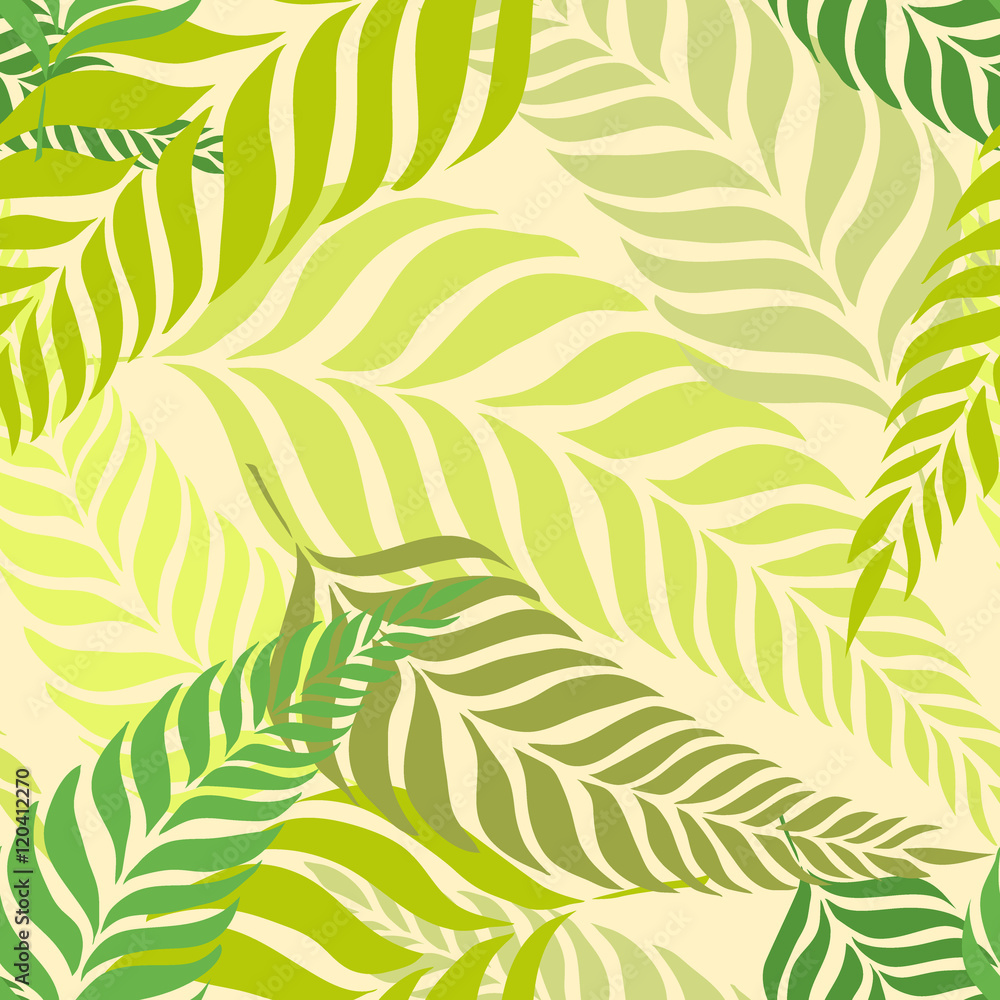 Seamless tropical pattern with fern leaves, palm fronds. Bright summer time background for use in design, web site, packaging, textiles, wallpaper, paper. Seamless tropical pattern with fern leaves, palm fronds. Bright summer time background for use in design, web site, packaging, textiles, wallpaper, paper.