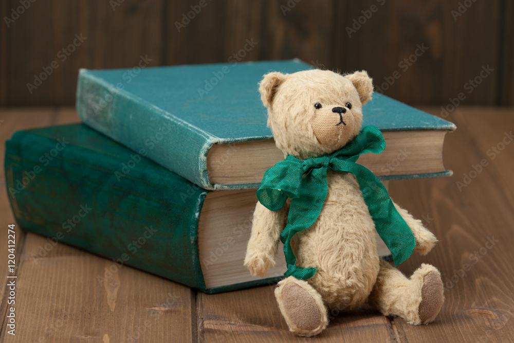 Handmade Bear Soft Toy With A Green Bow. Traditional Teddy Style Handmade Bear Soft Toy With A Green Bow. Traditional Teddy Style
