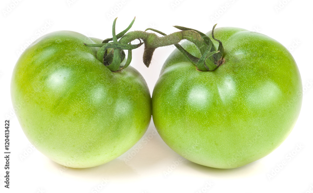 Two green unripe tomato isolated on white background