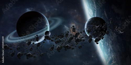 Fototapeta Naklejka Na Ścianę i Meble -  Sunrise over distant planet system in space 3D rendering element