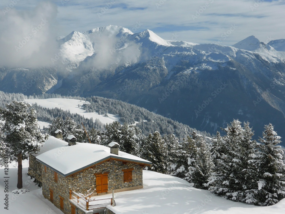 Chalet enneigé dans les Alpes (France)