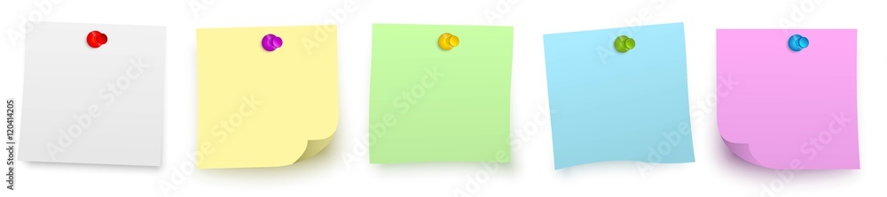 Fototapeta rząd kolorowych karteczek samoprzylepnych z szpilkami / Reihe bunter vektor klebezettel mit stecknadel