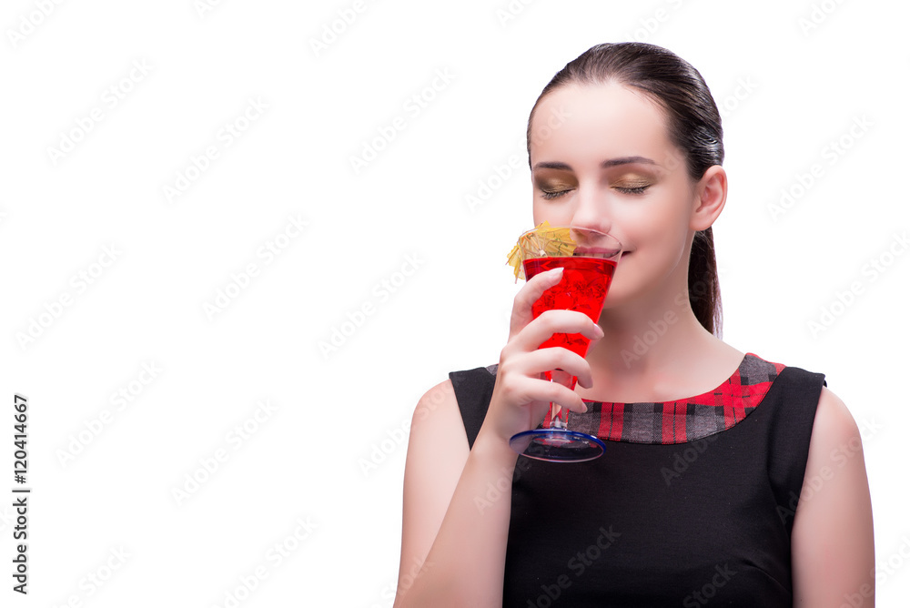 Woman with red cocktail isolated on white
