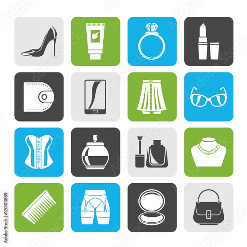 Silhouette Female accessories and clothes icons- vector icon set
