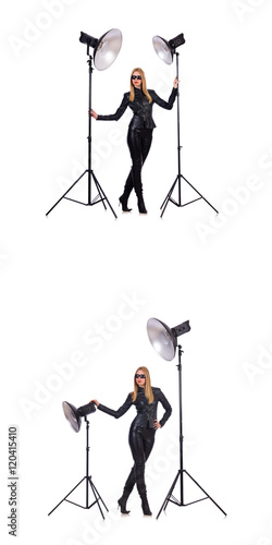 Collage of woman during photo shoot isolated on white