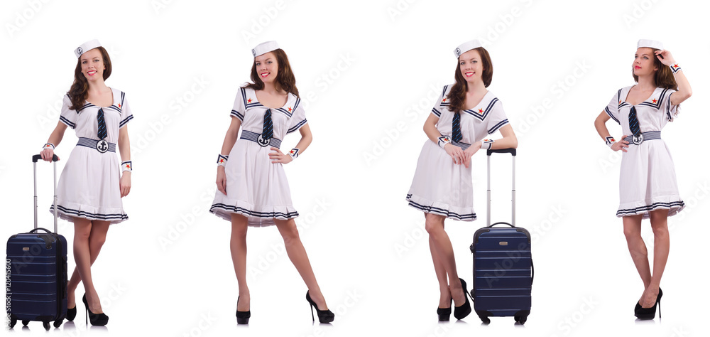 Woman sailor with suitcase isolated on white