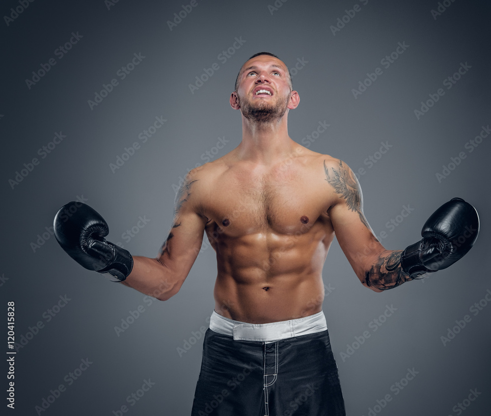 Shirtless fighter isolated on grey background.