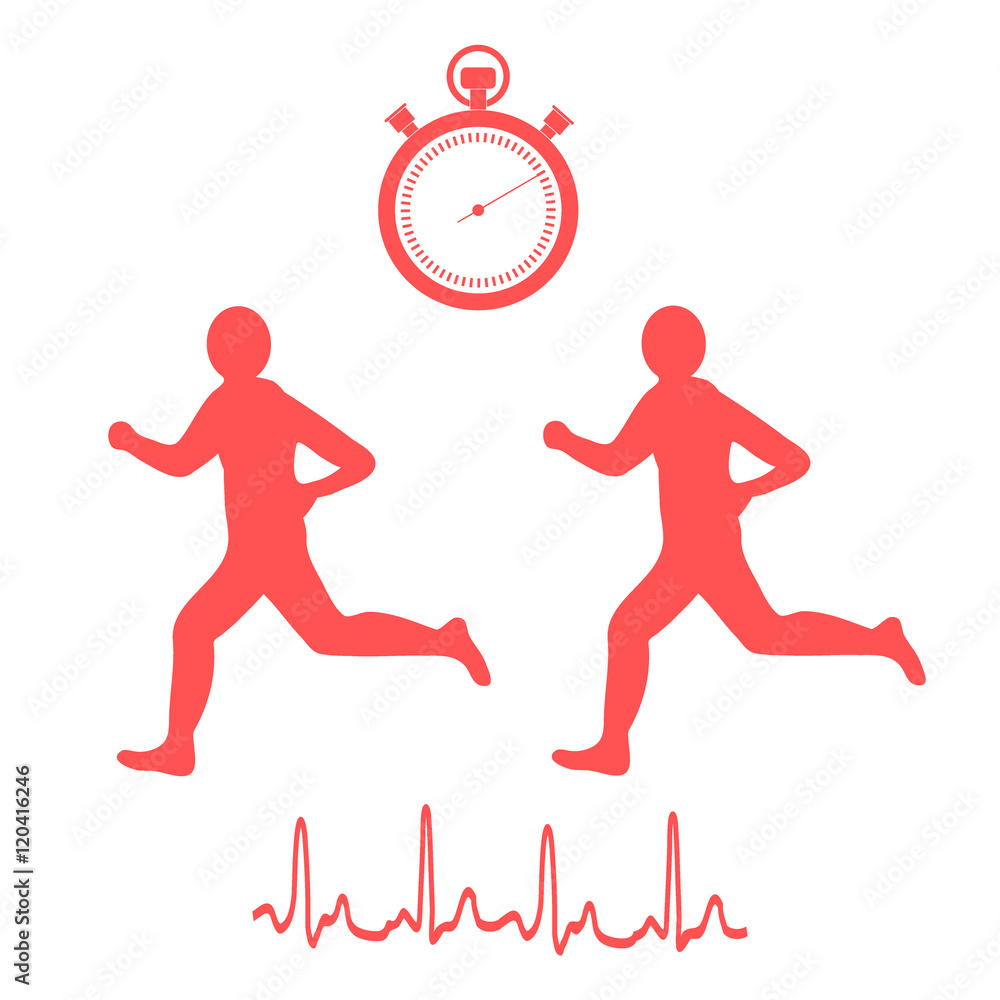 Stylized icon of the two runners with a stopwatch and heart rhyt Stock