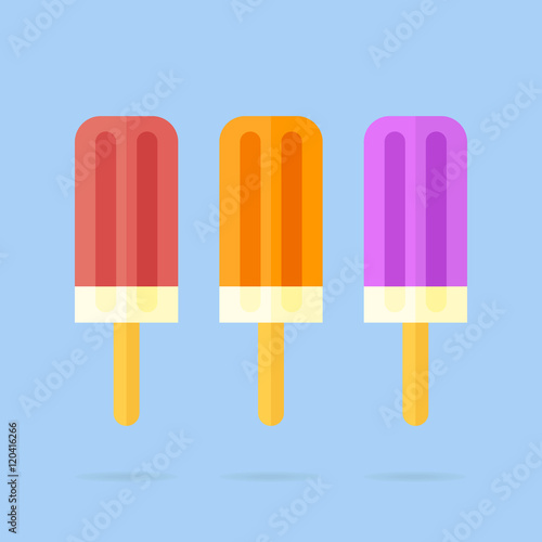 Set of fruit ice cream isolated on blue background. Popsicles in flat style. Vector illustration.