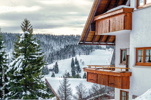 Holiday cottage in the mountains with views of the winter forest