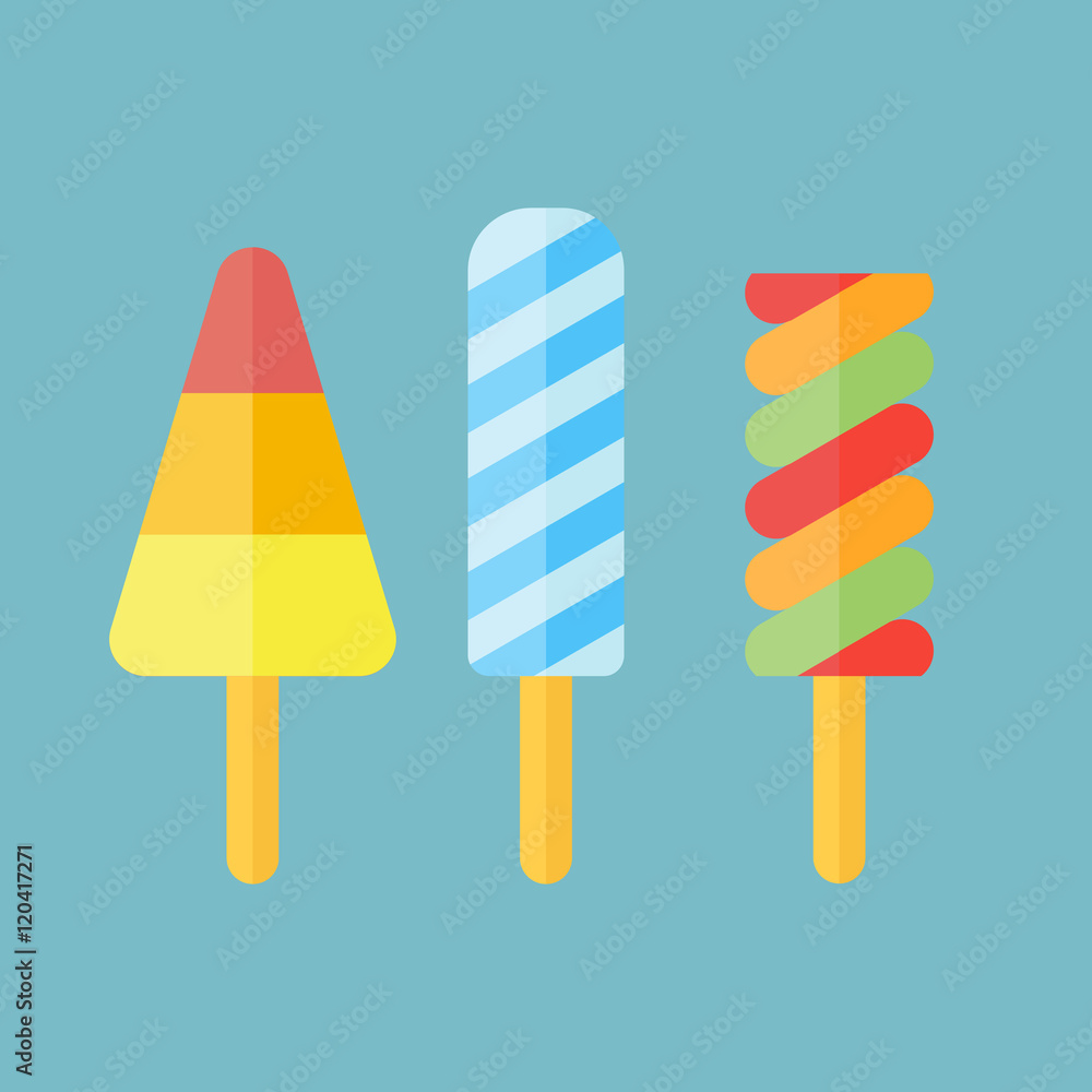 Set of ice cream in flat style. Ice lolly isolated on blue background. Popsicles vector illustration. Set of ice cream in flat style. Ice lolly isolated on blue background. Popsicles vector illustration.
