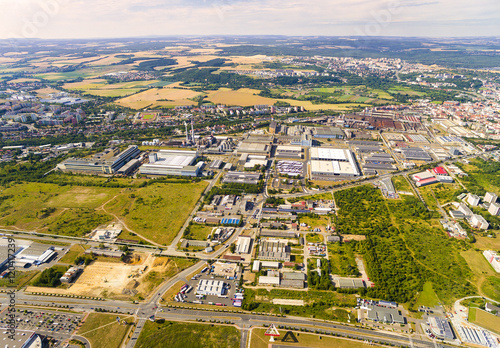 Aerial view to industrial zone and technology park. Suburb of Pilsen city in Czech Republic, Europe.