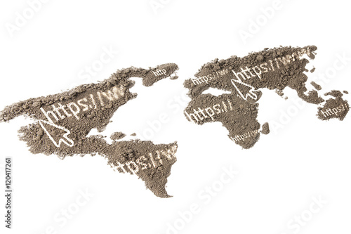 the http Address on the world map with the texture of the soil isolated on white background