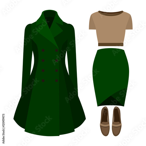 Set of trendy women's clothes with skirt, coat, top and accessories